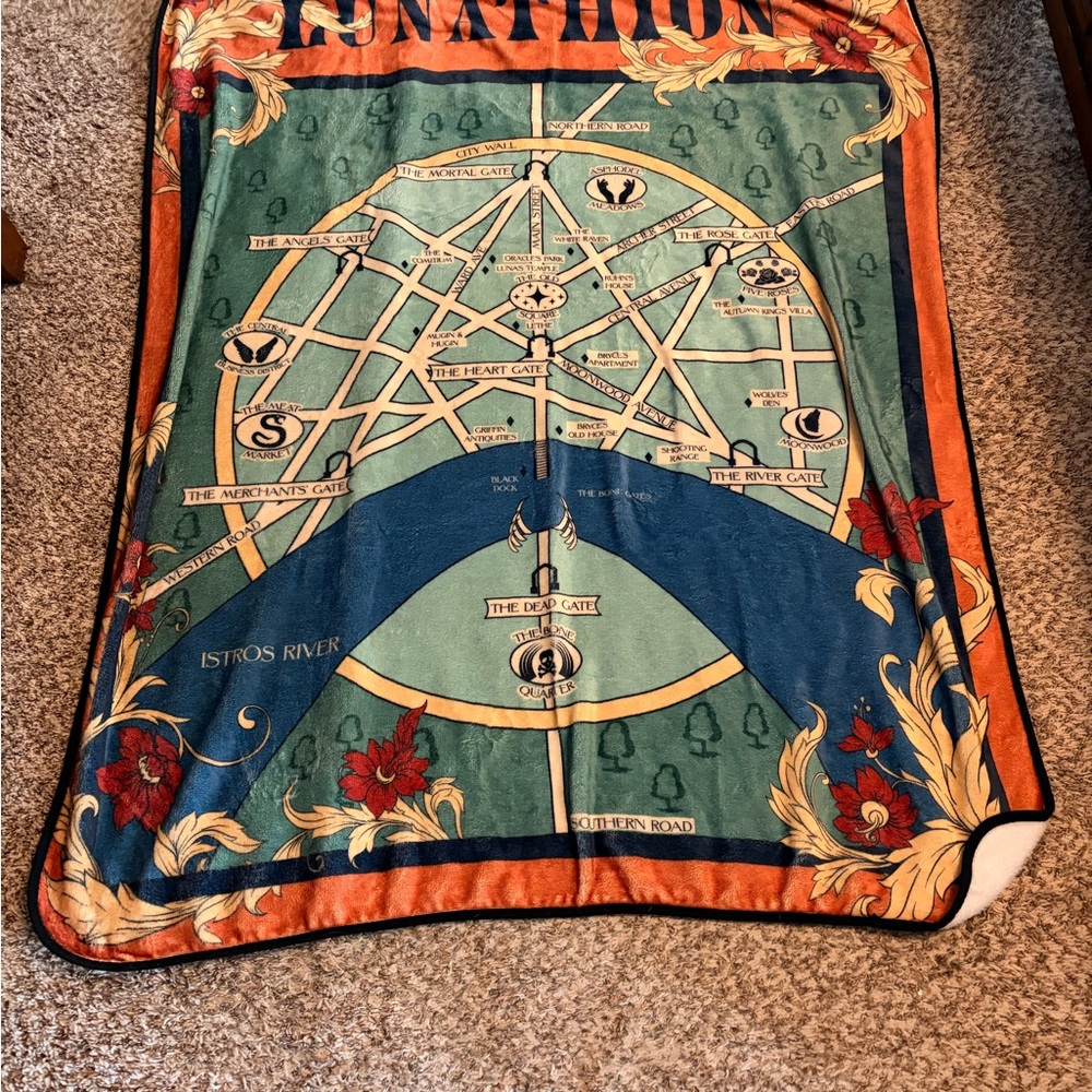 Bookish box Crescent City Map-Print Throw Blanket in Teal & Orange